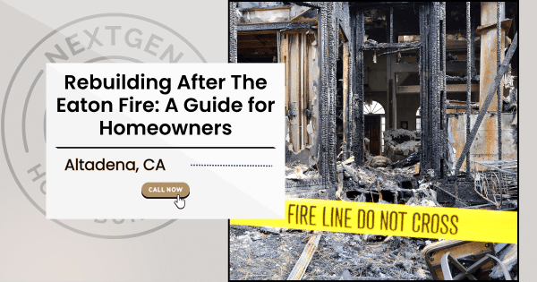 Fire damaged Altadena house with caution tape after fire