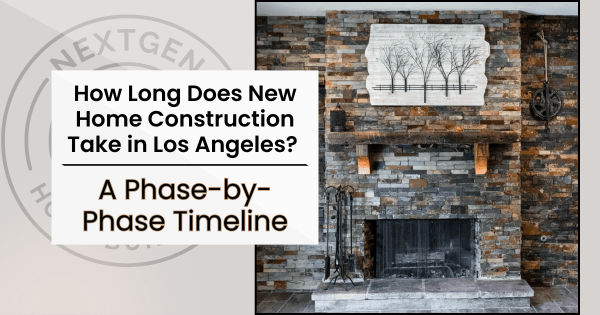 A brick fireplace with text about new home construction timelines